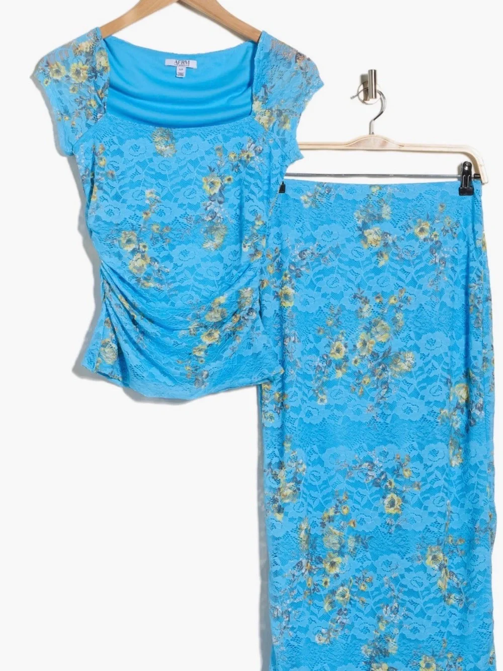 AFRM Turquoise Blue Floral Lace Maxi Skirt